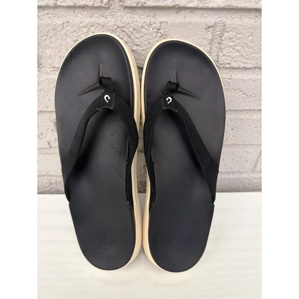 OluKai Nu'a Pio women's Black Thong Beach Slippers / Sandals Size 11